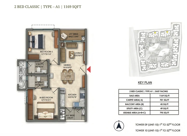 2 BHK Classic Type A1 1169 sqft floor plan of Prestige Golden Grove