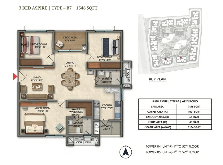3 BHK Aspire Type B7 1648 sqft floor plan of Prestige Golden Grove
