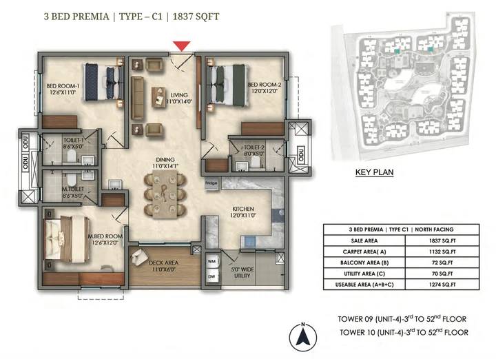3 BHK Premia Type C1 1837 sqft floor plan of Prestige Golden Grove