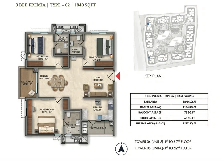 3 BHK Premia Type C2 1840 sqft floor plan of Prestige Golden Grove