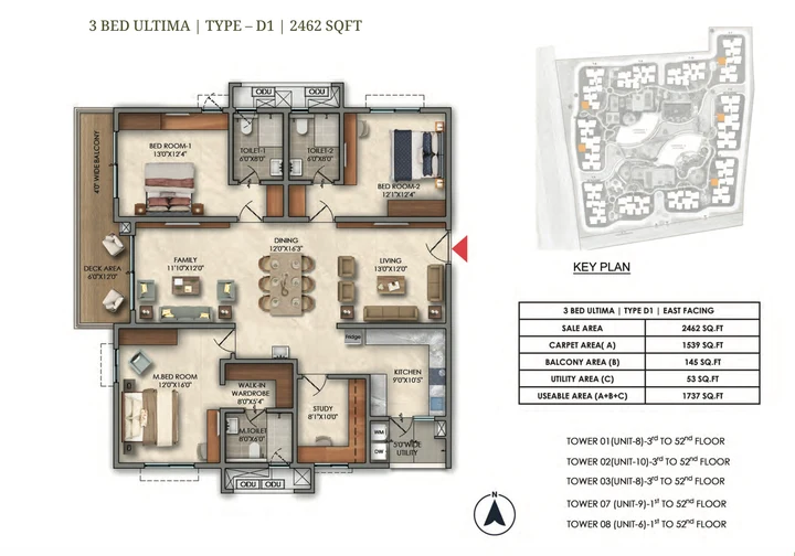 3 BHK Ultima Type D1 2462 sqft floor plan of Prestige Golden Grove