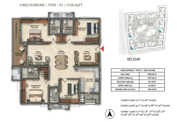 4 BHK Supreme Type E1 2728 sqft floor plan of Prestige Golden Grove