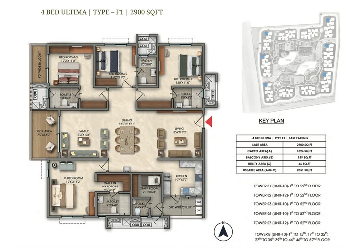 4 BHK Ultima Type F1 2900 sqft floor plan of Prestige Golden Grove