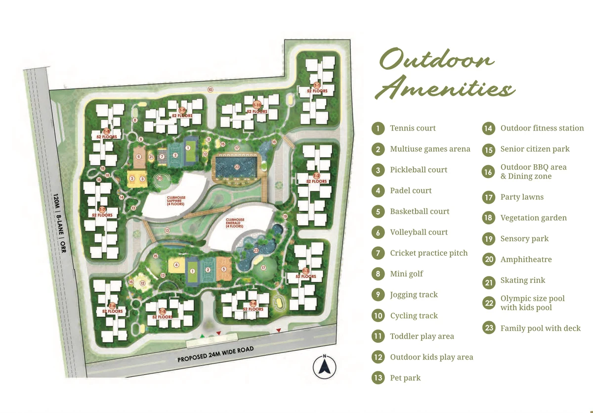 Master plan of Prestige Golden Grove showing tower placement, internal roads, landscaped zones, and amenity areas across the site.