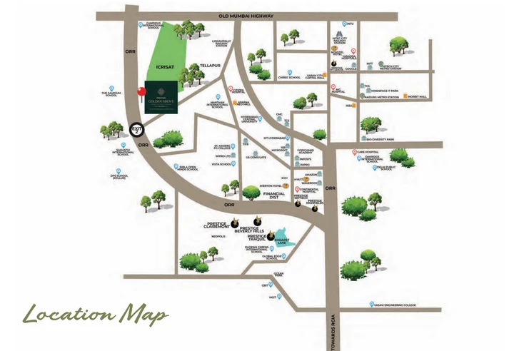 Location map of Prestige Golden Grove in Tellapur